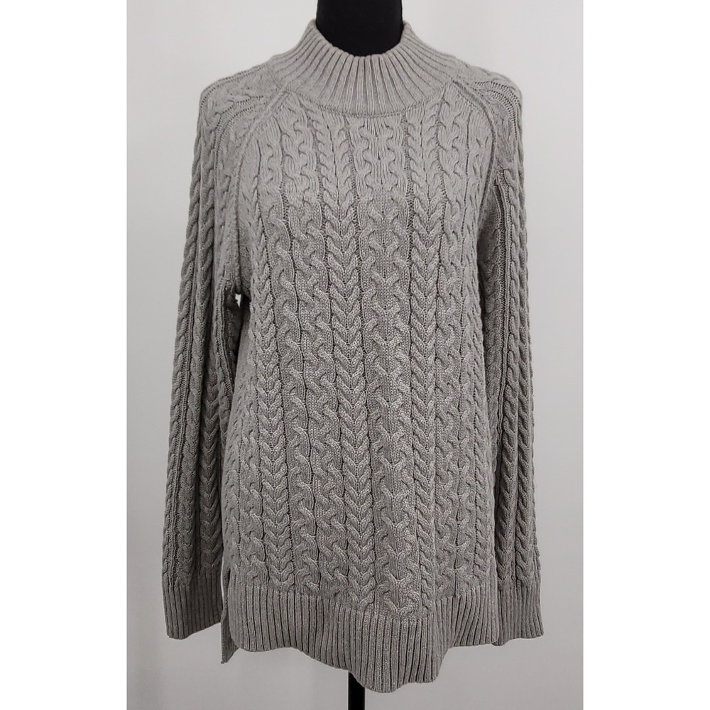 Jeanne Pierre Fisherman Sweater L Grey Mock Neck Preppy Chunky Cable Knit Cotton